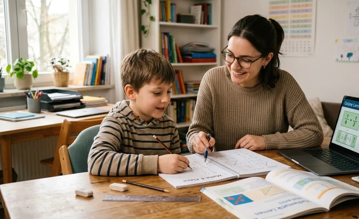 Ein Grundschulkind sitzt mit einer Lernbegleiterin an einem Holztisch bei der Mathe-Nachhilfe. Vor ihnen liegen ein Geheft und Schulbücher, daneben steht ein Laptop mit einer Online-Lernplattform für Mathematik.