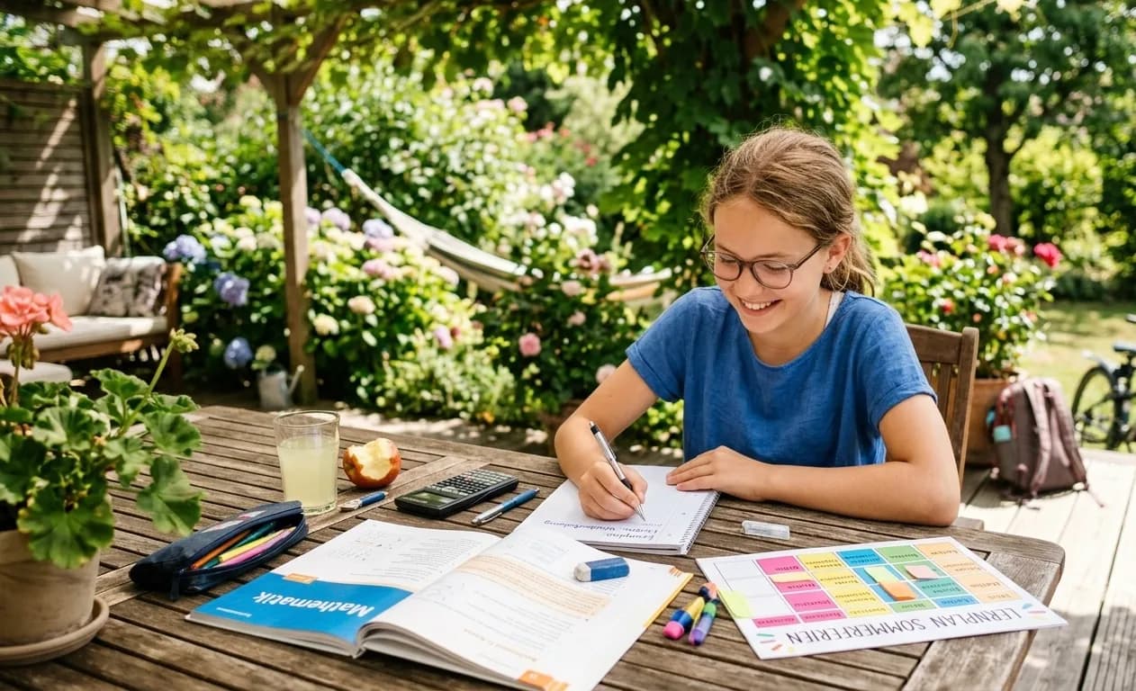 Eine lächelnde Schülerin mit Brille sitzt an einem Holztisch im sonnigen Garten und lernt entspannt für das neue Schuljahr. Vor ihr liegen ein geöffnetes Mathe-Lehrbuch, ein Taschenrechner, Stifte und ein farbenfroh gestalteter Sommerferien-Lernplan. Im idyllischen, grünen Hintergrund sind eine Hängematte, Blumenbeete und ein Fahrrad zu sehen.