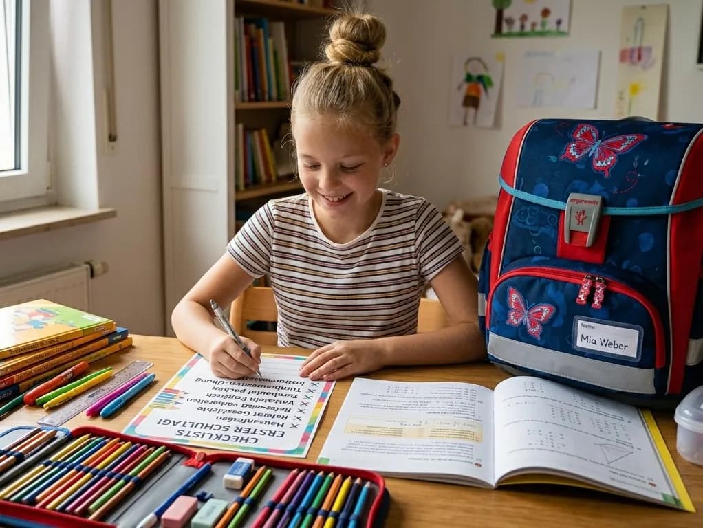 Hauptmotiv: Eine Jugendliche sitzt konzentriert, aber lächelnd an einem Holzschreibtisch in einem hellen Klassenzimmer und schreibt mit einem Stift in ein kariertes Matheheft. Vordergrund & Details: Auf dem Schreibtisch liegen typische Mathe-Schulunterlagen: ein geöffnetes Mathematik-Lehrbuch, Buntstifte, Textmarker, Geodreieck, Zirkel, ein Taschenrechner sowie eine Wasserflasche. Hintergrund: Im Hintergrund arbeiten weitere Schülerinnen und Schüler an ihren Plätzen. An der großen Tafel steht in bunten Buchstaben: „MATHE Grundlagen: Wiederholen – Neues Schuljahr!“ zusammen mit mathematischen Formeln wie a  2  +b  2  =c  2  , Wurzelzeichen (  x  ​	  ) und Summenzeichen (∑). An der Wand hängen Lernposter mit Aufschriften wie „Mathe macht Spaß!“ und „Wissenslücken schließen!“. Stimmung: Motivierend, geordnet, freundlich und ideal auf den Schulstart ausgerichtet.