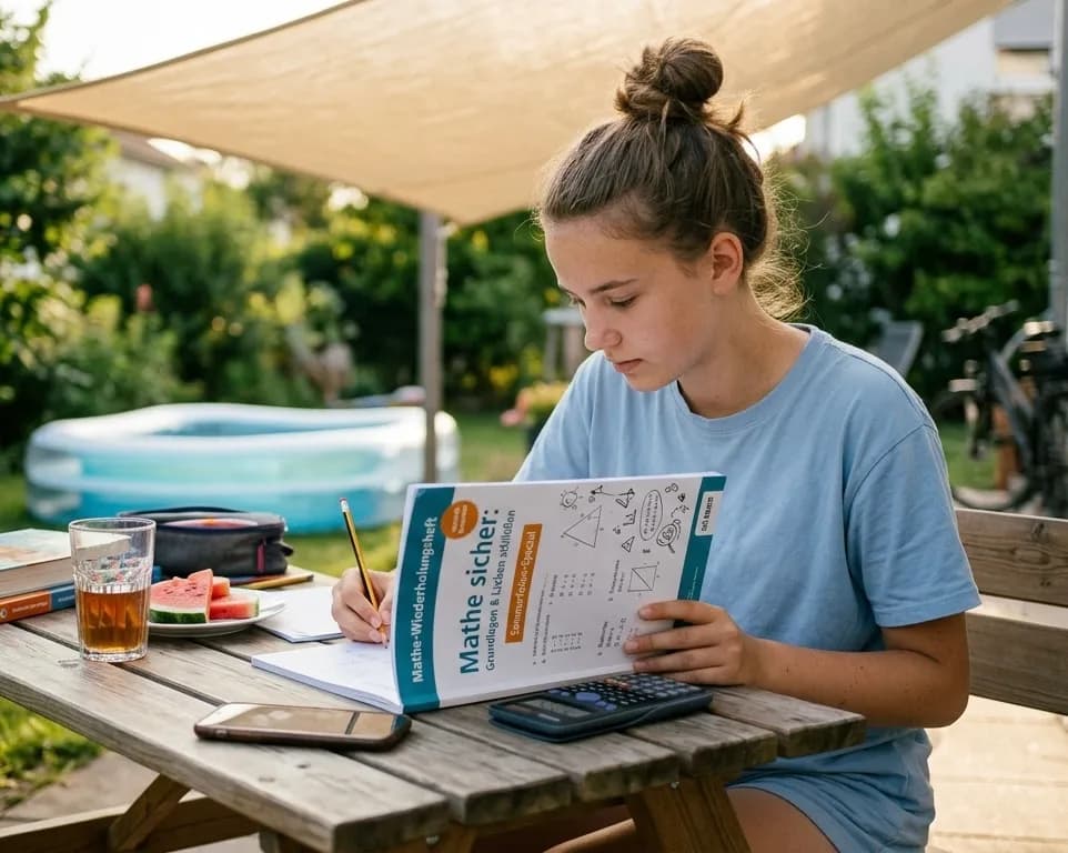 Ein junges Mädchen sitzt an einem sonnigen Sommermag im Garten an einem hölzernen Picknicktisch und lernt Mathe. Sie konzentriert sich auf ein vor ihr liegendes Wiederholungsheft mit mathematischen Skizzen und Formeln. Auf dem Tisch liegen Stifte, ein Taschenrechner, Schulbücher, ein kühles Getränk und frische Wassermelonenstücke. Im Hintergrund sind ein Planschbecken und ein Schild mit der Aufschrift „Lernen macht Spaß (auch im Sommer!)“ auf einer grünen Rasenfläche zu sehen. Die Atmosphäre ist warm, entspannt und einladend.