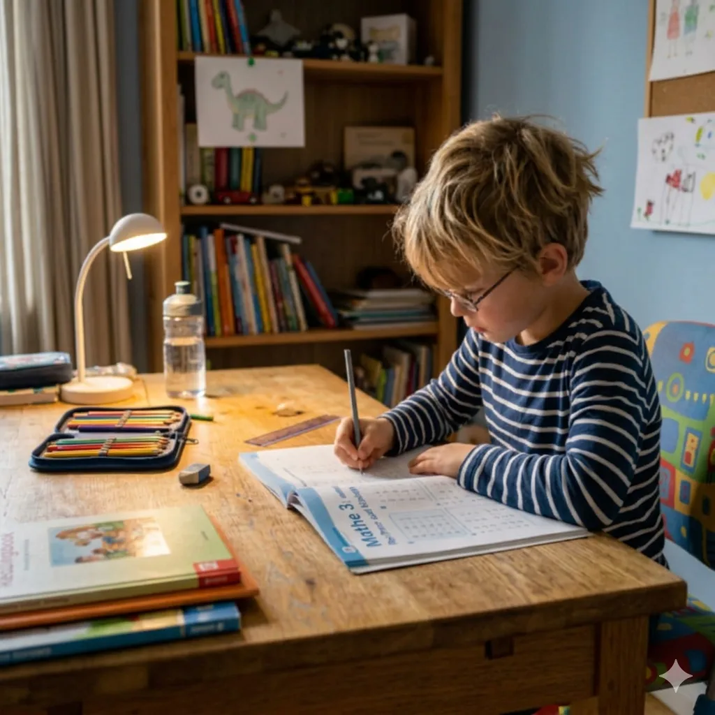 Ein blonder Grundschüler sitzt konzentriert am Schreibtisch in seinem Kinderzimmer und macht Mathe-Hausaufgaben: Das Kind lernt fokussiert mit einem Arbeitsheft für Mathe in der 3. Klasse, Buntstiften und Lernmaterialien zur effektiven Hausaufgabenbearbeitung und Motivation beim Lernen.