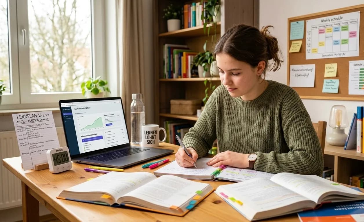 Eine Schülerin sitzt konzentriert an einem aufgeräumten Holzschreibtisch in ihrem Zimmer und lernt. Sie schreibt mit einem Stift in ein Heft, während vor ihr zwei geöffnete Schulbücher, Textmarker und ein digitaler Timer liegen. Links auf dem Tisch steht ein Laptop, auf dessen Bildschirm ein Dashboard mit Lernstatistiken und der Überschrift „KI Tutor“ zu sehen ist. Im Hintergrund befindet sich eine Pinnwand mit einem wöchentlichen Lernplan, Notizen zur Prüfungsvorbereitung und Diagrammen zur optimalen Lernzeit. Ein gut gefülltes Bücherregal und ein helles Fenster runden die produktive und organisierte Lernatmosphäre ab.
