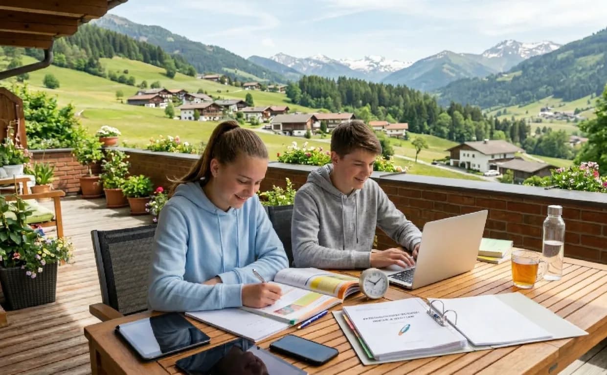Zwei Jugendliche beim entspannten Lernen im Freien auf einer Holzterrasse vor einer alpinen Bergkulisse: Ein Mädchen schreibt in ein Heft und ein Junge nutzt einen Laptop für die Prüfungsvorbereitung ohne Stress mit strukturierten Lernmaterialien, Ordnern und Tablets für bessere Noten.