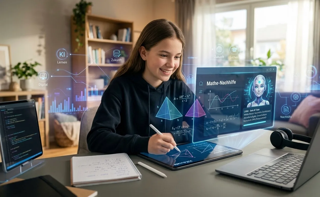 Eine lächelnde Schülerin nutzt zu Hause einen virtuellen KI-Tutor auf einem Hologramm-Display für personalisierte Mathe-Nachhilfe am Tablet und Laptop.