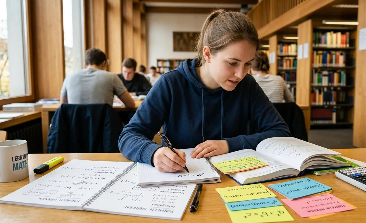 Das Bild zeigt eine konzentrierte Studentin in einem blauen Kapuzenpullover, die an einem hellen Holztisch in einer Bibliothek lernt. Vor ihr liegen ein aufgeschlagenes Mathe-Lehrbuch und ein Spiralblock, in den sie mit einem Stift Notizen schreibt. Auf dem Tisch befinden sich verschiedene Hilfsmittel zum Formeln merken: bunte Post-its mit mathematischen Gleichungen (wie e  iπ  +1=0 und a  2  +b  2  =c  2  ), ein wissenschaftlicher Taschenrechner, ein gelber Textmarker und eine Tasse. Der Hintergrund zeigt gut gefüllte Bücherregale und weitere lernende Personen in einer ruhigen Lernumgebung.