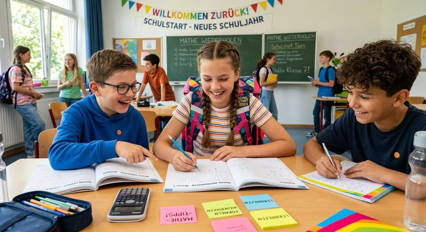 Ein helles Klassenzimmer am ersten Schultag. Im Vordergrund sitzen drei Schüler (ein Mädchen, zwei Jungen) motiviert an einem Gruppentisch zusammen. Sie haben Mathehefte aufgeschlagen, lachen und tauschen sich aus. Vor ihnen liegen ein Federmäppchen, ein Taschenrechner und bunte Post-its mit Aufschriften wie „Mathe-Tipps!“ und „Lernhilfen“. Im Hintergrund sieht man weitere Schüler sowie eine grüne Tafel mit dem Text „Mathe wiederholen“ und „Schulstart Tipps“. Eine bunte Girlande über der Tafel trägt den großen Schriftzug „Willkommen zurück! Schulstart - neues Schuljahr“.