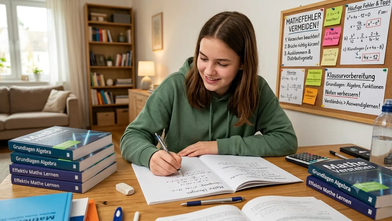 Eine lächelnde Schülerin sitzt an einem Schreibtisch und lernt effektiv Mathematik, um typische Mathefehler zu vermeiden und ihre Noten zu verbessern. Sie schreibt mit einem Stift in ein Heft mit Mathe-Übungen. Auf dem Tisch liegen mehrere Lehrbücher mit Titeln wie „Mathe Verstehen“, „Grundlagen Algebra“ und „Effektiv Mathe Lernen“ sowie ein Taschenrechner und Stifte. Im Hintergrund hängt eine Pinnwand mit Lerntipps zur Klausurvorbereitung, auf der „Mathefehler vermeiden! Vorzeichen beachten, Brüche richtig kürzen“ steht.