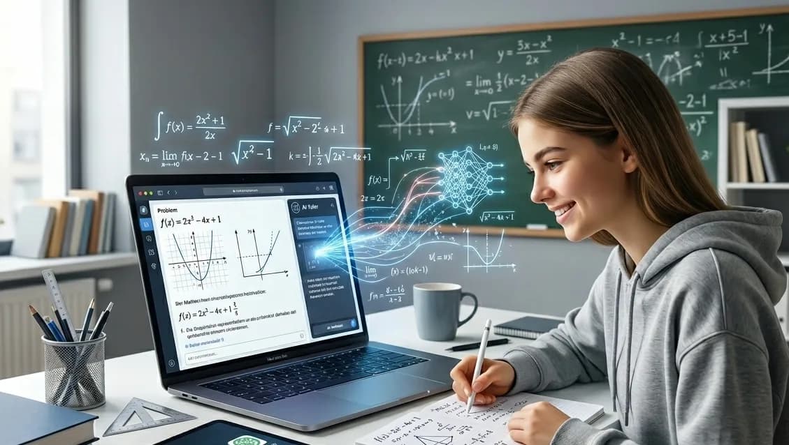 Eine lächelnde Schülerin sitzt am Schreibtisch und lernt Mathematik mit einer KI-Nachhilfe-App auf einem Laptop, aus dem leuchtende mathematische Formeln und ein neuronales Netzwerk schweben.