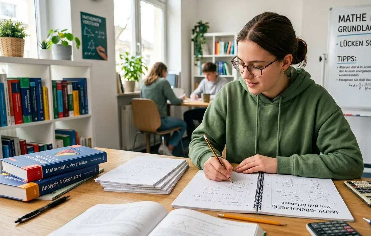 Eine motivierte Schülerin sitzt an einem aufgeräumten Schreibtisch und vertieft sich in ihre Mathematik-Grundlagen. Vor ihr liegt ein aufgeschlagenes Übungsheft mit Skizzen und Formeln, um Wissenslücken gezielt zu schließen. Mathe-Lehrbücher, Notizen und ein Taschenrechner unterstützen sie dabei, Mathe von Null auf zu verstehen und Schritt für Schritt zu meistern.