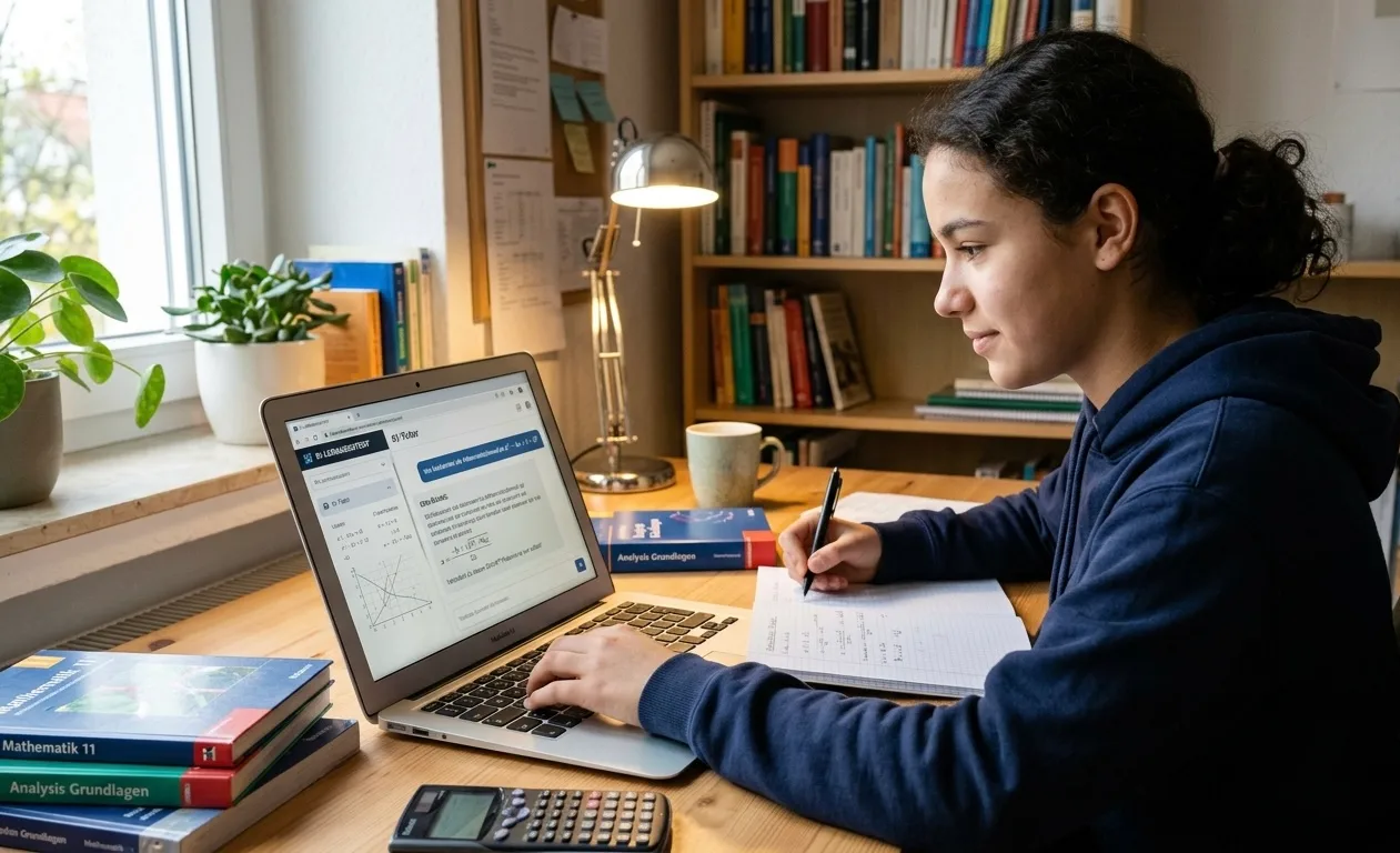Eine junge Schülerin sitzt konzentriert am Schreibtisch in ihrem Zimmer und nutzt einen Laptop für ihre Hausaufgaben. Auf dem Bildschirm ist ein interaktives Lernportal für Mathematik zu sehen, das sie als digitale Lernhilfe verwendet. Während sie tippt, schreibt sie gleichzeitig Notizen in ein Heft. Der Schreibtisch ist mit Büchern und einem Taschenrechner ausgestattet, was eine engagierte Lernumgebung für Schulfächer darstellt.