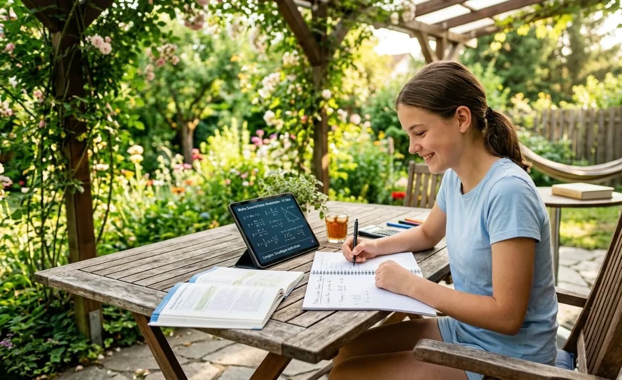 Eine lächelnde Schülerin sitzt an einem Holztisch in einem sonnigen, grünen Garten und lernt entspannt Mathematik in den Sommerferien. Vor ihr liegen ein aufgeschlagenes Mathebuch, ein Notizblock, in den sie mit einem Stift schreibt, und ein Tablet, das mathematische Formeln und Geometrie-Diagramme anzeigt. Im Hintergrund ist eine idyllische Terrasse mit einer von Pflanzen bewachsenen Pergola und einer Hängematte zu sehen, was eine stressfreie Lernatmosphäre vermittelt.