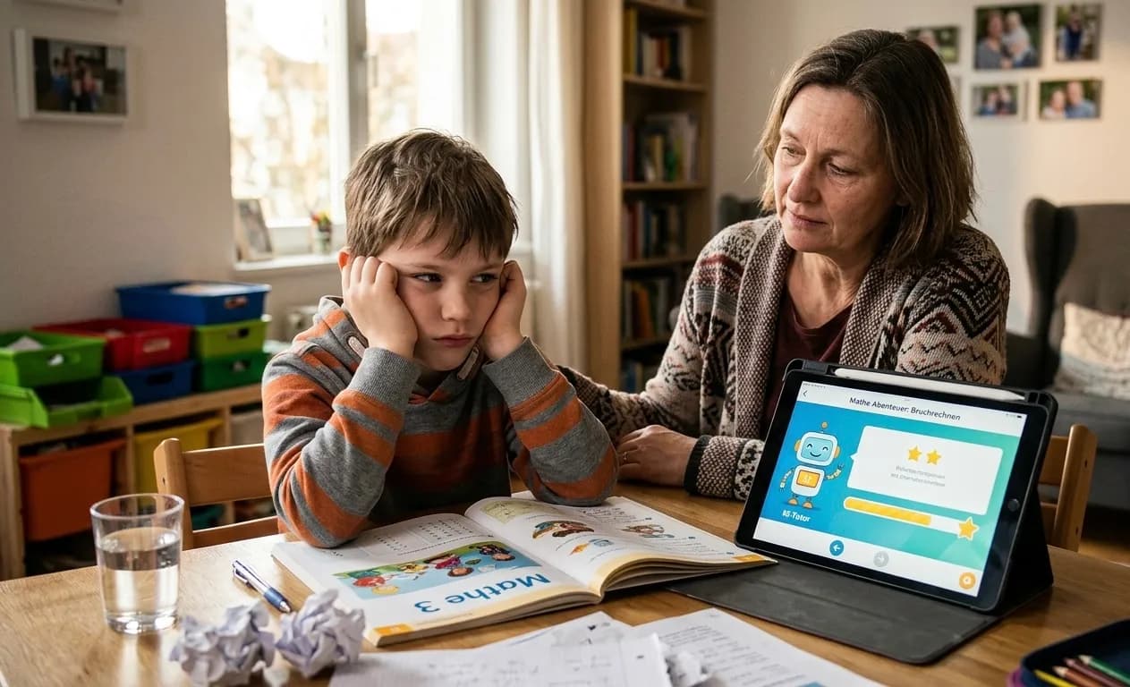 Ein frustrierter Junge sitzt am Küchentisch vor einem Mathe-Hausaufgabenheft und stützt genervt den Kopf in die Hände. Eine besorgte Mutter sitzt neben ihm und zeigt auf ein Tablet, auf dem eine digitale Lern-App mit einem freundlichen KI-Tutor-Roboter zu sehen ist. Auf dem Tisch liegen zerknülltes Papier und Stifte, was den Hausaufgabenstress verdeutlicht.