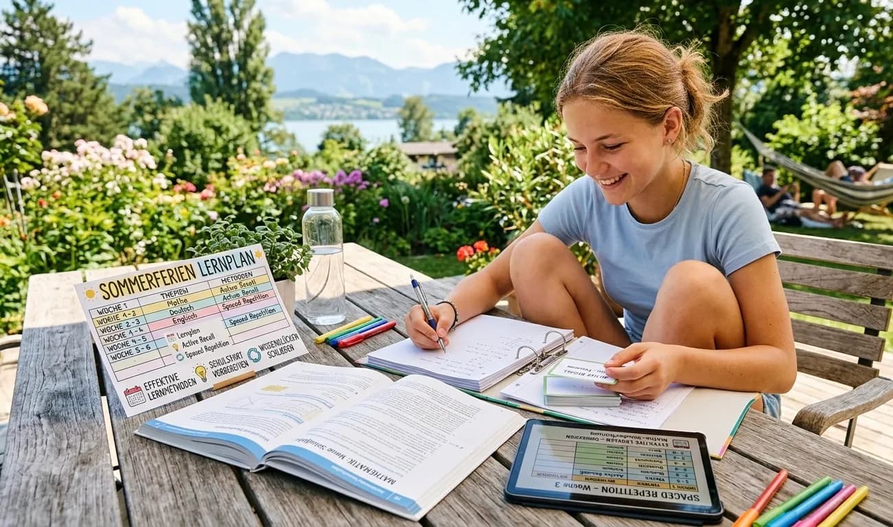 Eine lächelnde Schülerin lernt in den Sommerferien an einem hölzernen Gartentisch vor einer idyllischen See- und Bergkulisse. Auf dem Tisch liegen ein strukturierter Sommerferien-Lernplan, ein offenes Mathebuch, Karteikarten für Active Recall und ein Tablet, das einen Spaced-Repetition-Lernplan zeigt.
