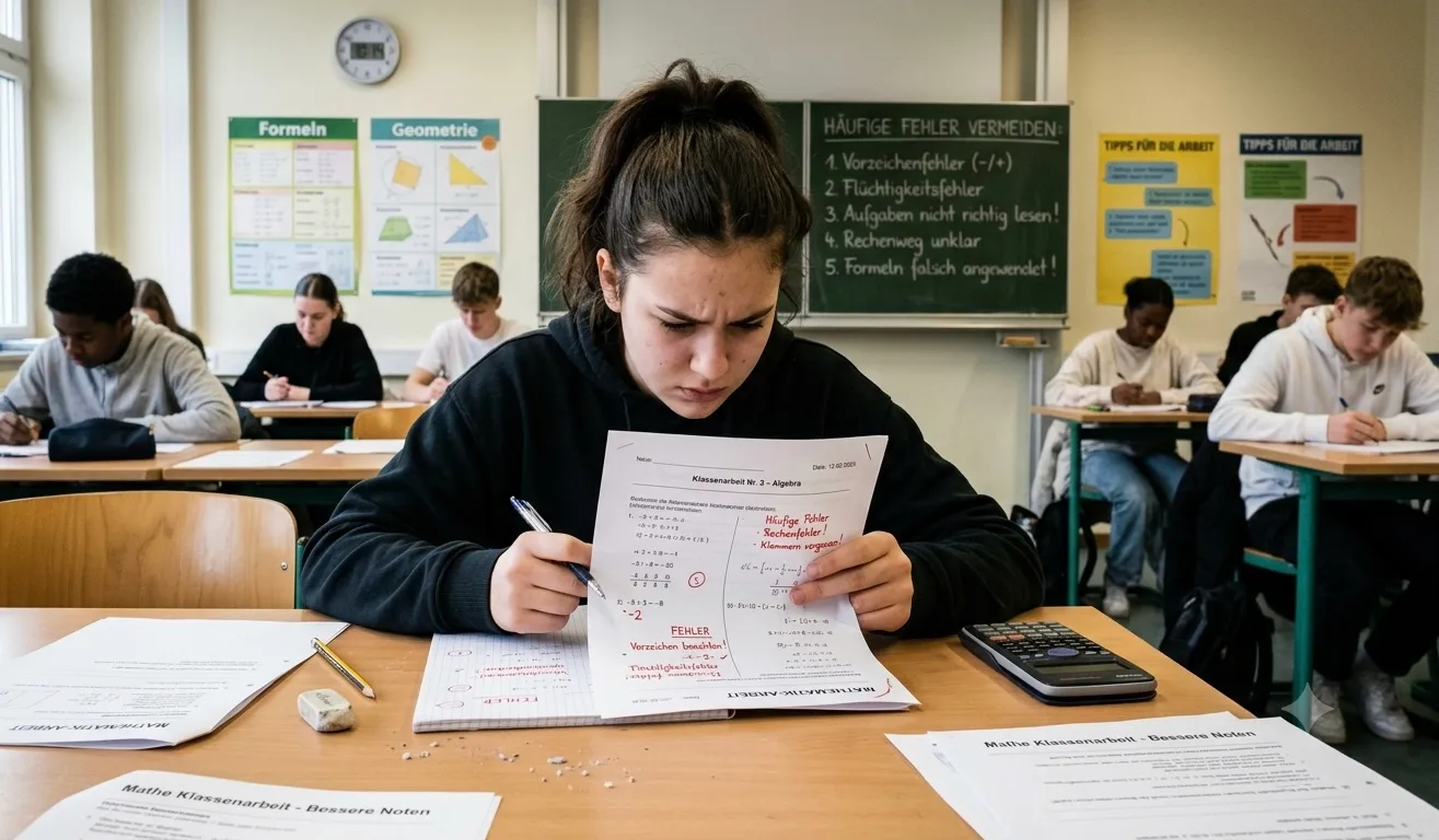 Eine fokussierte Schülergruppe während einer Mathe-Klassenarbeit im Klassenzimmer. Im Vordergrund steht eine Schülerin, die eine korrigierte Mathearbeit mit roten Anmerkungen prüft. Auf dem Tisch liegen Taschenrechner, Geodreieck und Notizblock. Im Hintergrund sind Lernplakate zu Themen wie „Häufige Fehler vermeiden“ (Vorzeichenfehler, Flüchtigkeitsfehler, Rechenweg) und „Tipps für die Arbeit“ an der Tafel zu sehen. Das Bild symbolisiert Mathe-Lernen, Fehleranalyse und die gezielte Vorbereitung auf Prüfungen.
