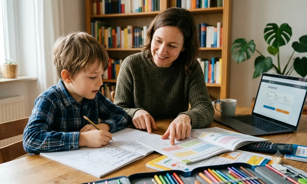Ein kleiner Junge im karierten Hemd sitzt konzentriert an einem Holztisch und lernt Mathematik. Eine lächelnde Mutter oder Nachhilfelehrerin sitzt daneben und zeigt unterstützend auf seine Aufgaben im Heft. Auf dem Tisch liegen Schulmaterialien, Buntstifte und ein geöffneter Laptop mit einer Lernplattform, im Hintergrund steht ein gut gefülltes Bücherregal.