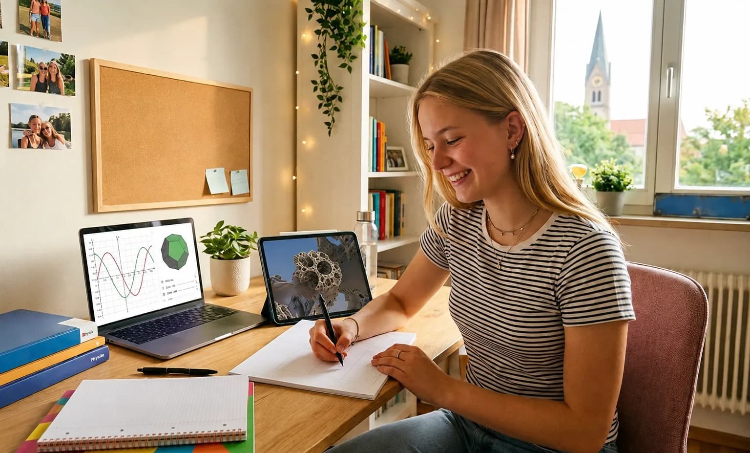 Lächelnde Schülerin sitzt an einem aufgeräumten Schreibtisch und schreibt in ein Heft. Auf Laptop und Tablet sind Lerninhalte zu sehen. Der helle, gemütliche Lernplatz ist mit Pflanzen, Büchern und persönlichen Fotos dekoriert. Im Hintergrund blickt man durch das Fenster auf einen Kirchturm.
